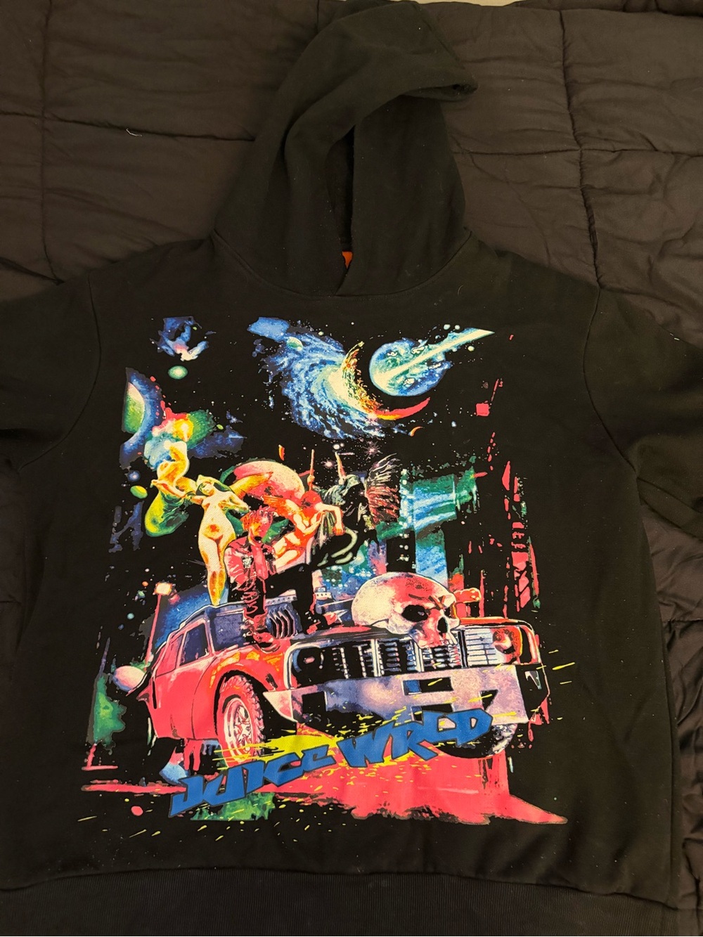 Juice Wrld x VLONE Black Hoodie with Neon Cosmic Car Graphic